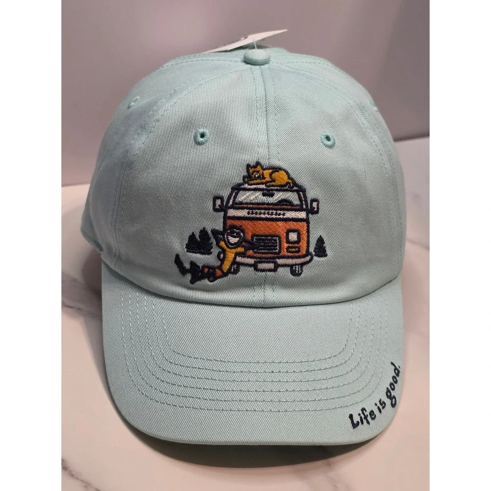 Life Is Good Mens Blue Camper Van Cat Embroidered Baseball Hat Adjustable NWT